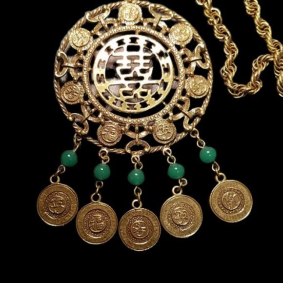 Vintage Goldette Asian Coin Dangle Necklace - Picture 2 of 5